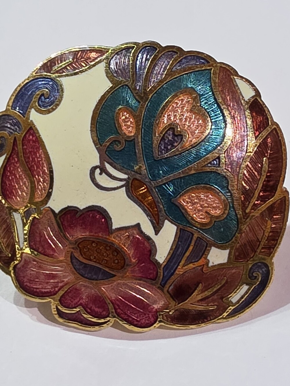 Vintage Cloisonne Enamel Butterfly Floral Scarf Clip Hinged Bail Gold Tone